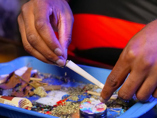 Blue rolling tray with herb prep, urban smoke-shop lifestyle